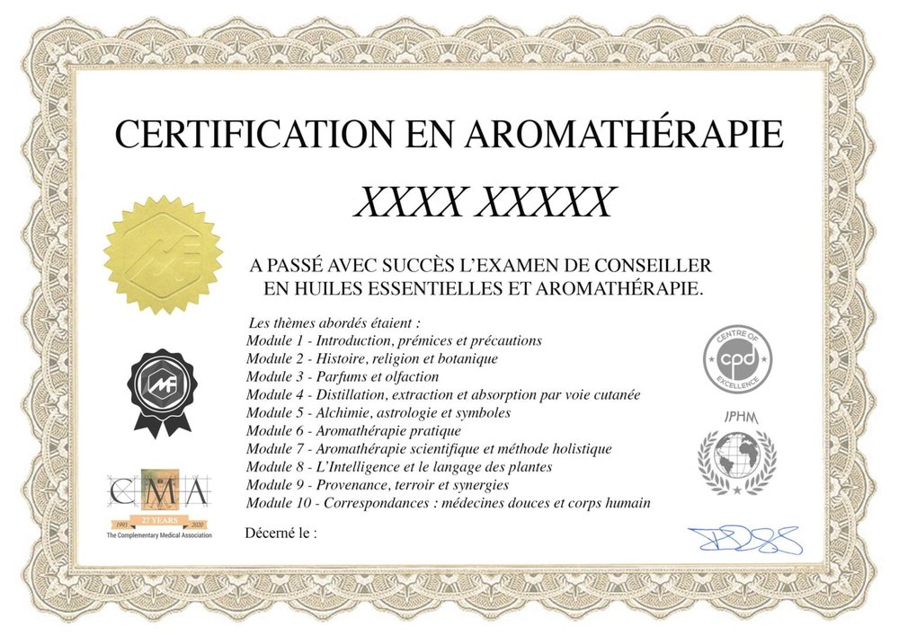 Exemple de certificat de la formation aromathérapie en ligne : Certification en aromathérapie, examen de conseiller en huiles essentielles, logos IPHM, CMA et CPD