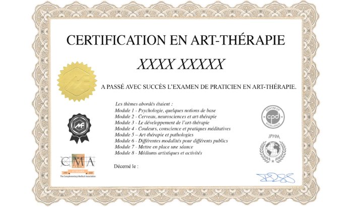 Exemple de certificat de la formation art-thérapie en ligne : Certification en art-thérapie listant les 8 modules, avec les logos IPHM, CMA et CPD