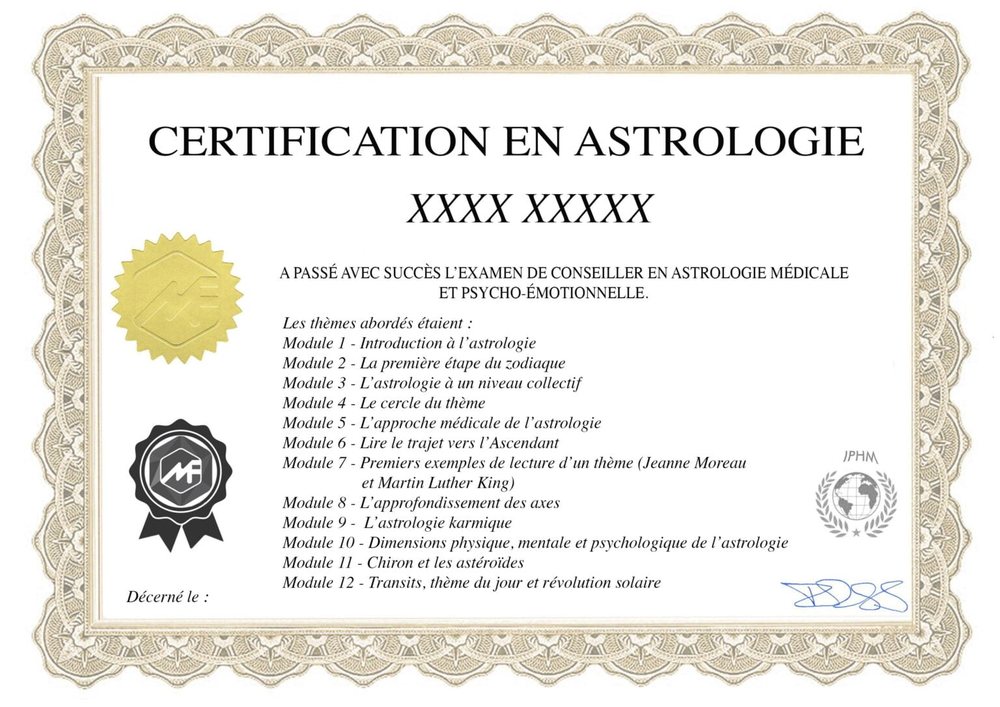 Exemple de certificat de la formation astrologie en ligne : Certification en astrologie listant les 12 modules, avec le logo IPHM