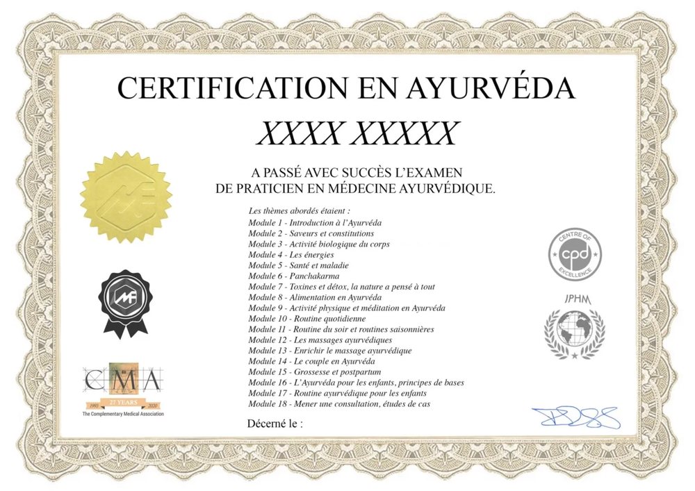 Exemple de certificat de la formation Ayurvéda en ligne : Certification en Ayurvéda listant les 18 modules, avec les logos IPHM, CMA et CPD