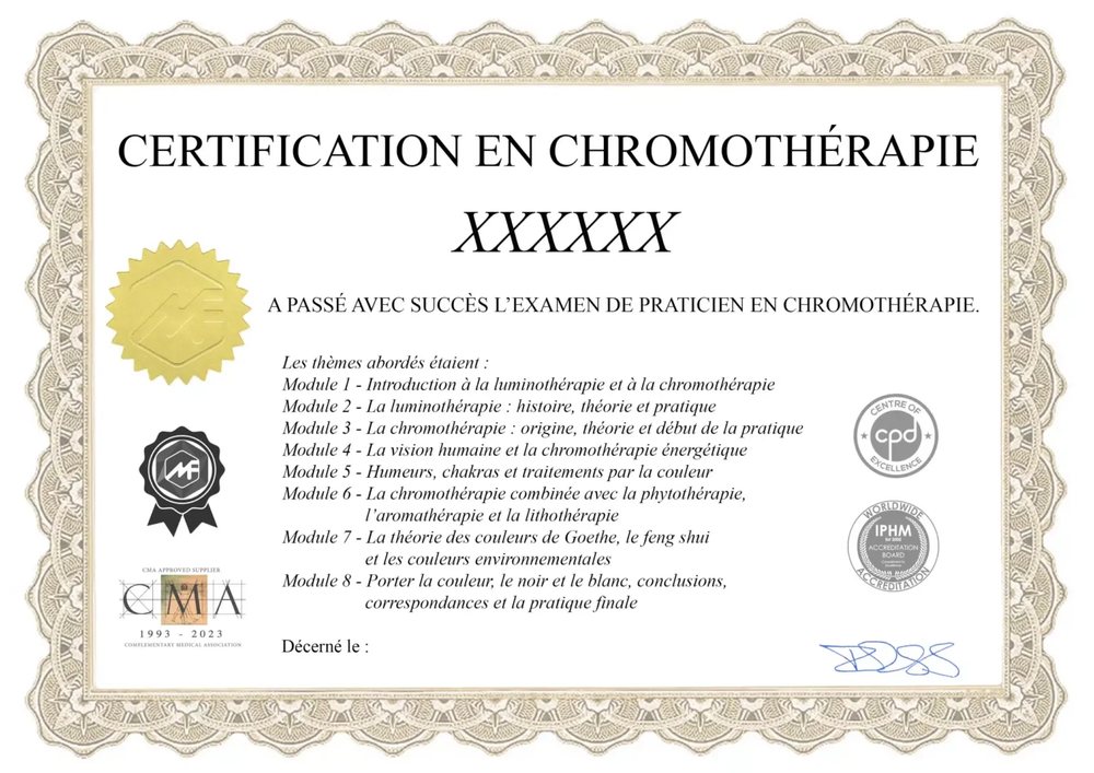Exemple de certificat de la formation chromothérapie en ligne : Certification en chromothérapie, examen de praticien, logos IPHM, CMA et CPD