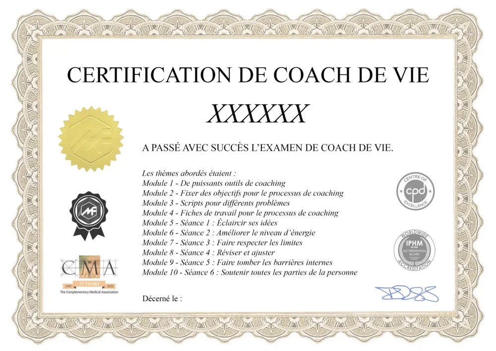 Exemple de certificat de la formation coach de vie en ligne : Certification de coach de vie, logos IPHM, CMA et CPD