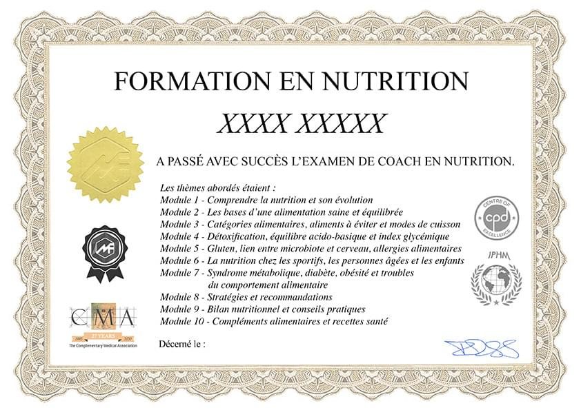 Exemple de certificat de la formation coach en nutrition en ligne : Formation en nutrition, examen de coach en nutrition, 10 modules, logos IPHM, CMA et CPD