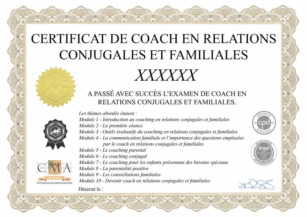 Exemple de certificat de la formation coach en relations conjugales et familiales, logos IPHM, CMA et CPD