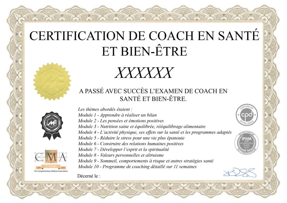 Exemple de certificat de la formation coach en santé et bien-être en ligne, logos IPHM, CMA et CPD