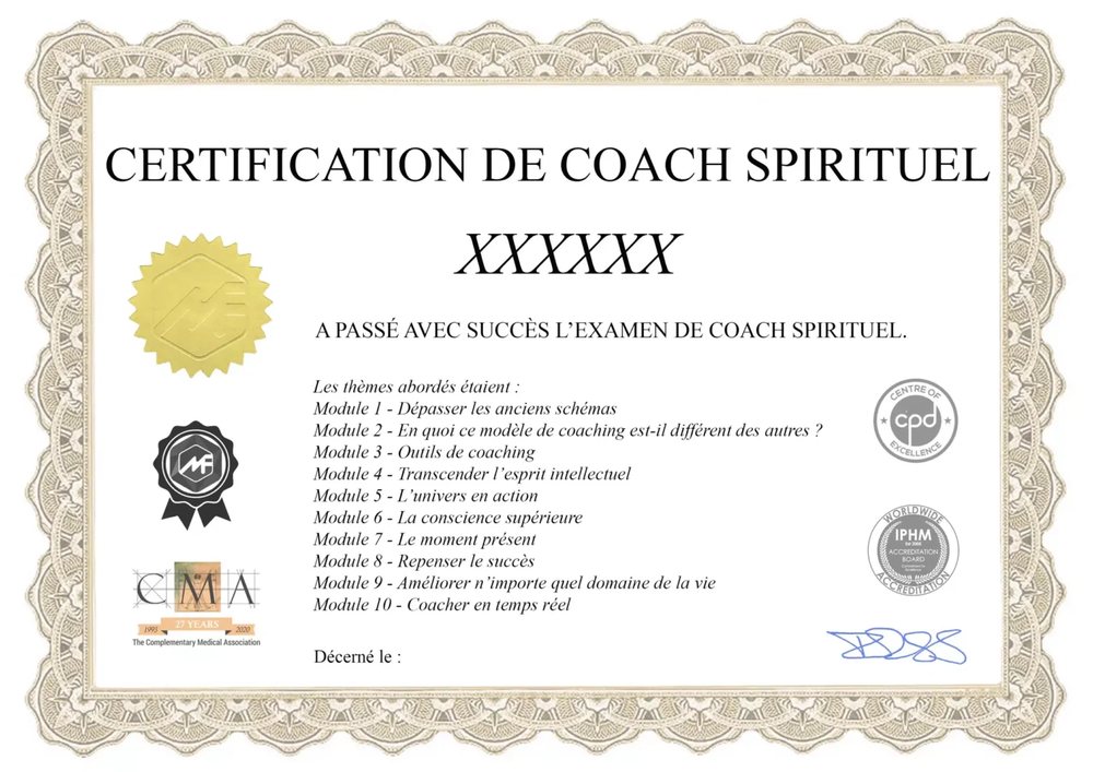 Exemple de certificat de la formation coach spirituel en ligne : Certification de coach spirituel, logos IPHM, CMA et CPD