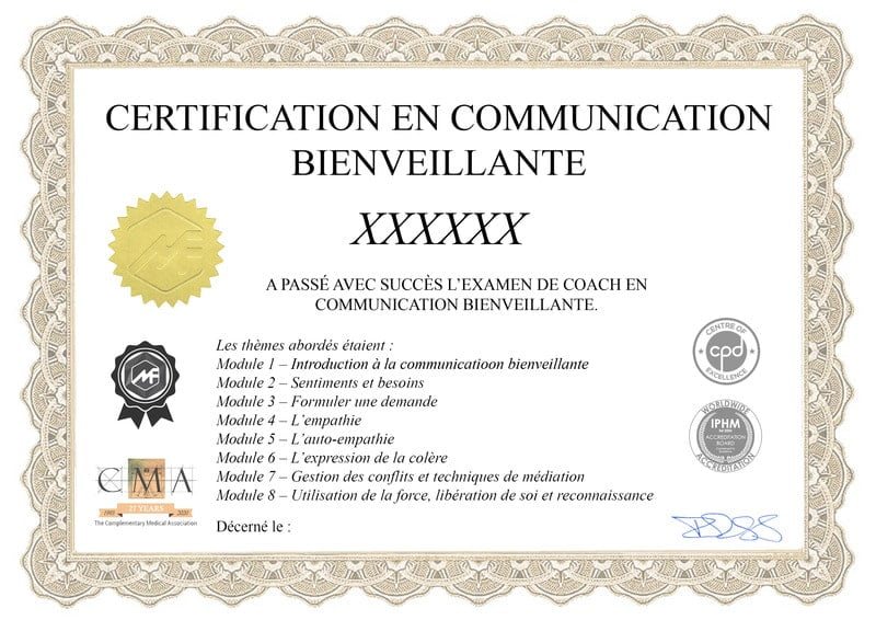 Exemple de certificat de la formation communication bienveillante en ligne : examen de coach en communication bienveillante, logos IPHM, CMA et CPD