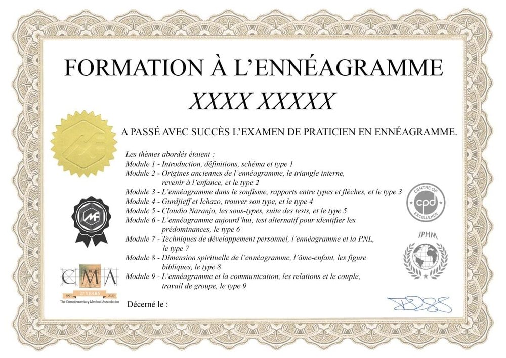 Exemple de certificat de la formation Ennéagramme en ligne : examen de praticien en Ennéagramme, logos IPHM, CMA et CPD