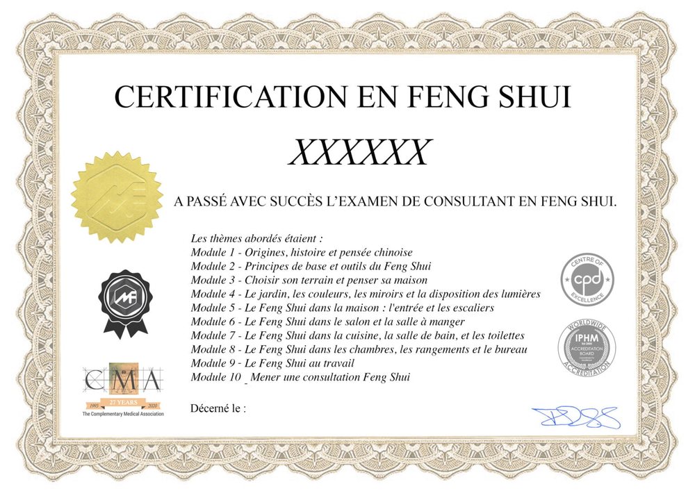 Exemple de certificat de la formation Feng Shui en ligne : Certification en Feng Shui, examen de consultant, logos IPHM, CMA et CPD