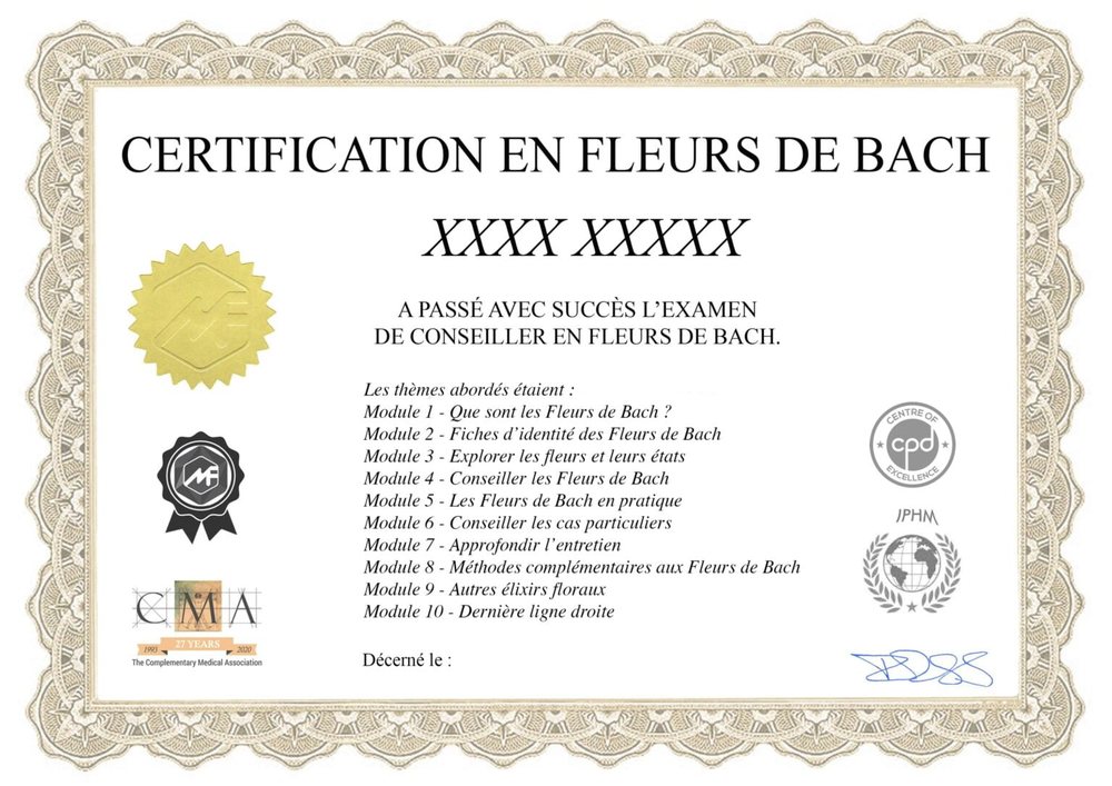 Exemple de certificat de la formation fleurs de Bach en ligne : Certification en fleurs de Bach, examen de conseiller, 10 modules, logos IPHM, CMA et CPD