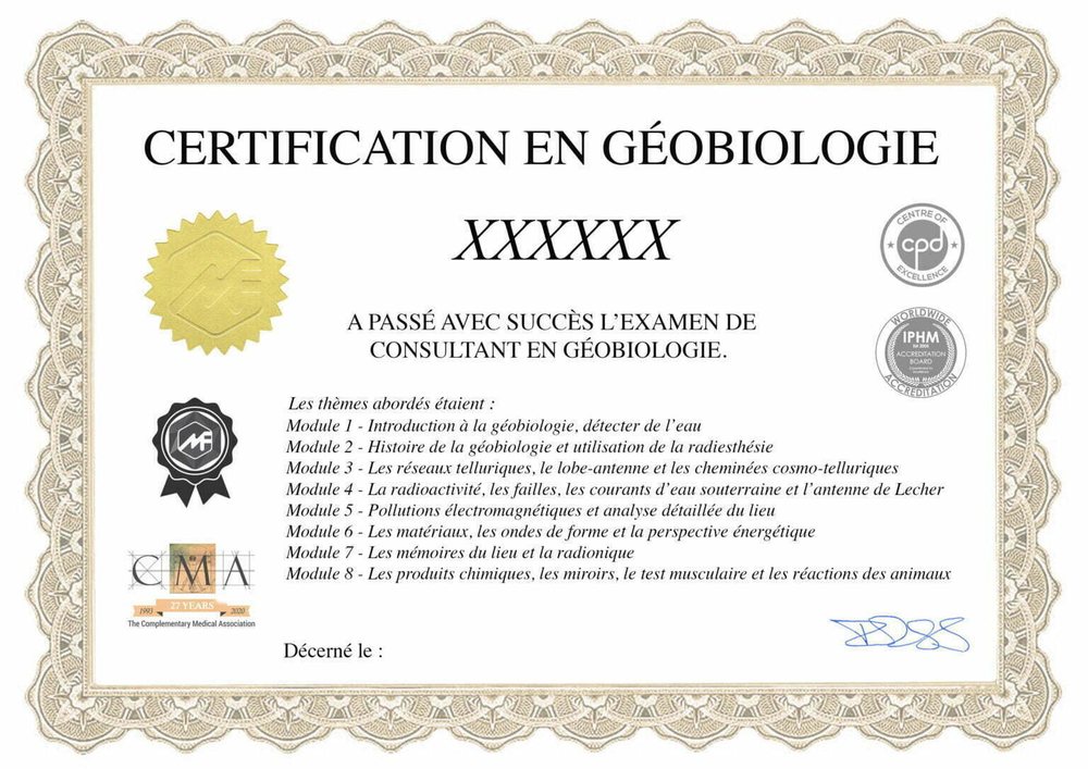Exemple de certificat de la formation géobiologie en ligne : Certification en géobiologie, examen de consultant, logos IPHM, CMA et CPD