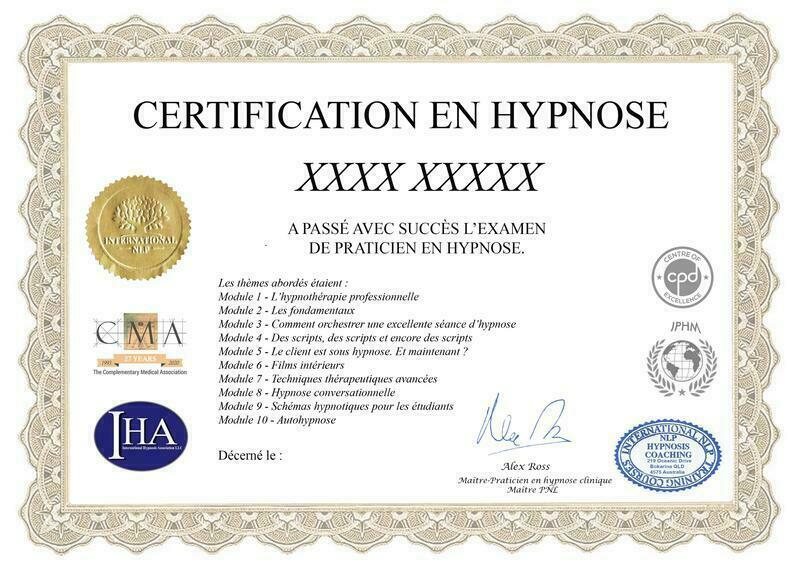 Exemple de certificat de la formation hypnose en ligne : Certification en hypnose, examen de praticien en hypnose, logos CMA, IHA, IPHM, CPD et International NLP