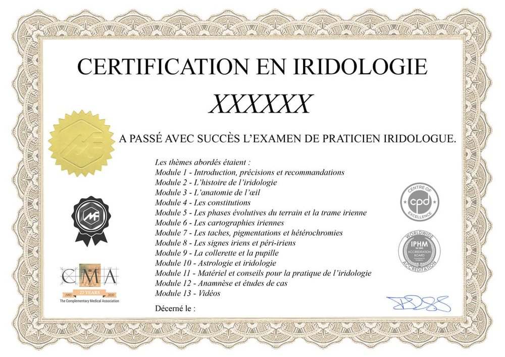 Exemple de certificat de la formation iridologie en ligne : Certification en iridologie, examen de praticien iridologue, logos IPHM, CMA et CPD