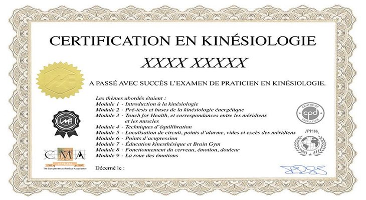 Exemple de certificat de la formation kinésiologie en ligne : Certification en kinésiologie listant les 9 modules, avec les logos IPHM, CMA et CPD