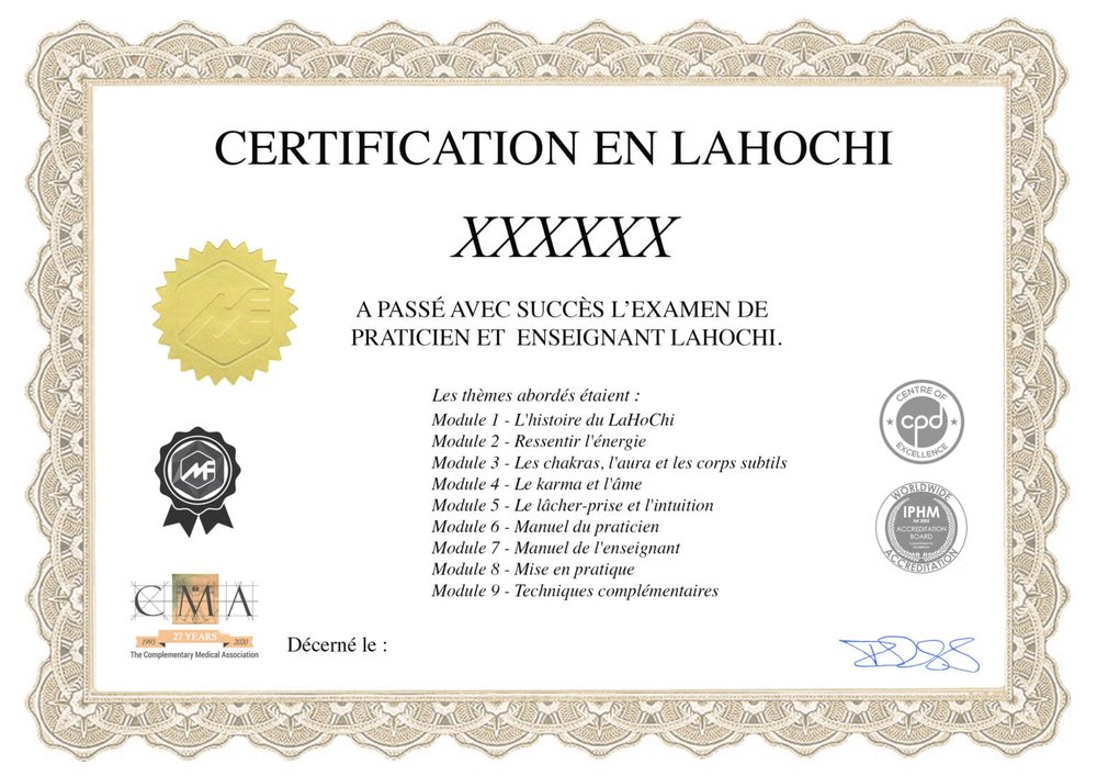 Exemple de certificat de la formation Lahochi en ligne : Certification en Lahochi, examen de praticien et enseignant, logos IPHM, CMA et CPD