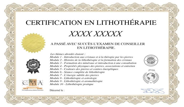 Exemple de certificat de la formation lithothérapie en ligne : Certification en lithothérapie listant les 10 modules, avec les logos IPHM, CMA et CPD