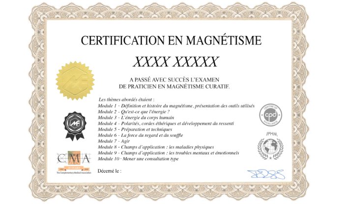 Exemple de certificat de la formation magnétiseur en ligne : Certification en magnétisme listant les modules, avec les logos IPHM, CMA et CPD