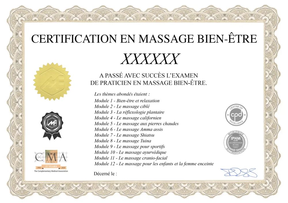 Exemple de certificat de la formation massage bien-être en ligne : Certification en massage bien-être, 12 modules, logos IPHM, CMA et CPD