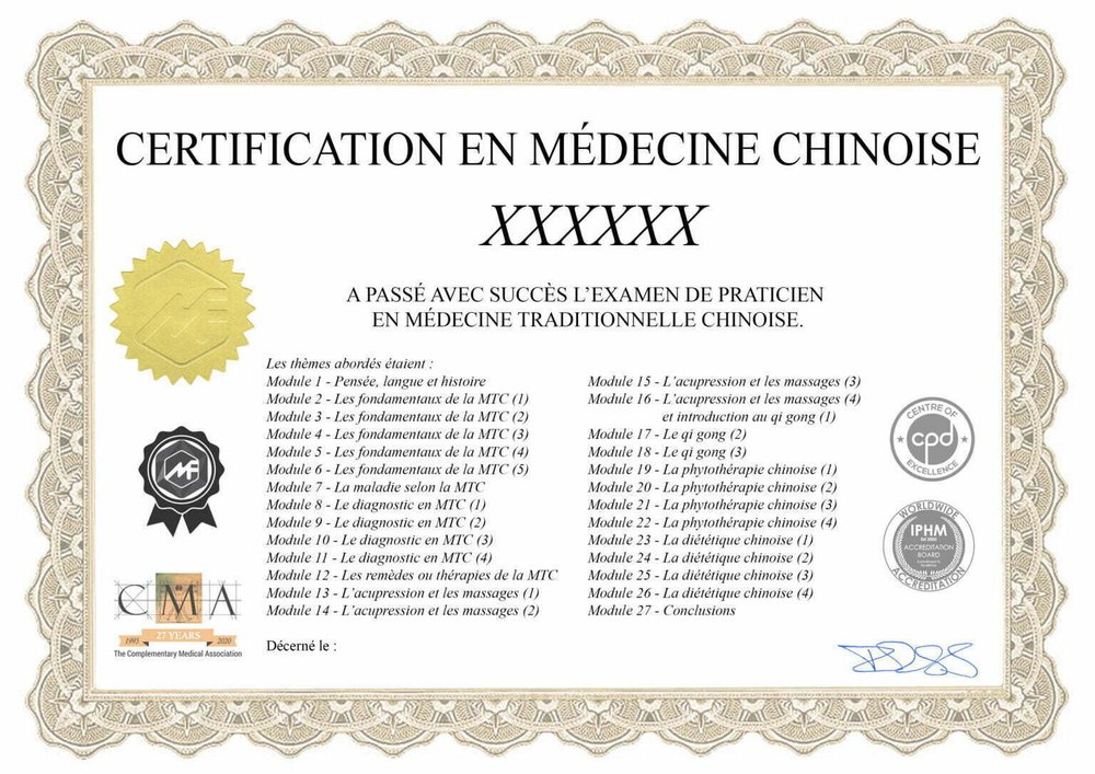 Exemple de certificat de la formation en médecine traditionnelle chinoise en ligne : Certification en médecine chinoise, 27 modules, logos IPHM, CMA et CPD