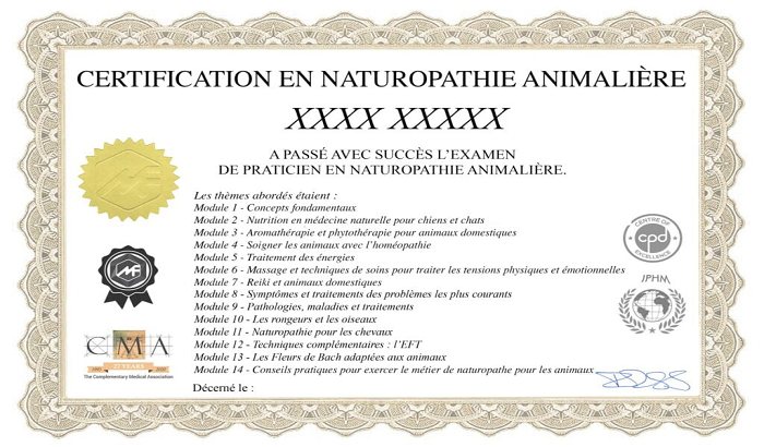 Exemple de certificat de la formation naturopathie animalière en ligne : Certification en naturopathie animalière listant les 14 modules, avec les logos IPHM, CMA et CPD