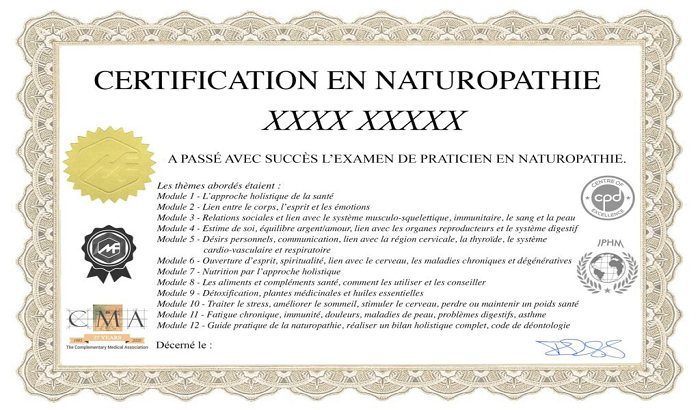 Exemple de certificat de la formation naturopathe en ligne : Certification en naturopathie listant les 12 modules, avec les logos IPHM, CMA et CPD