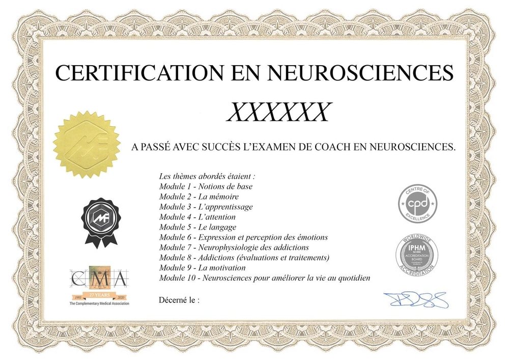 Exemple de certificat de la formation neurosciences en ligne : Certification en neurosciences, examen de coach en neurosciences, logos IPHM, CMA et CPD