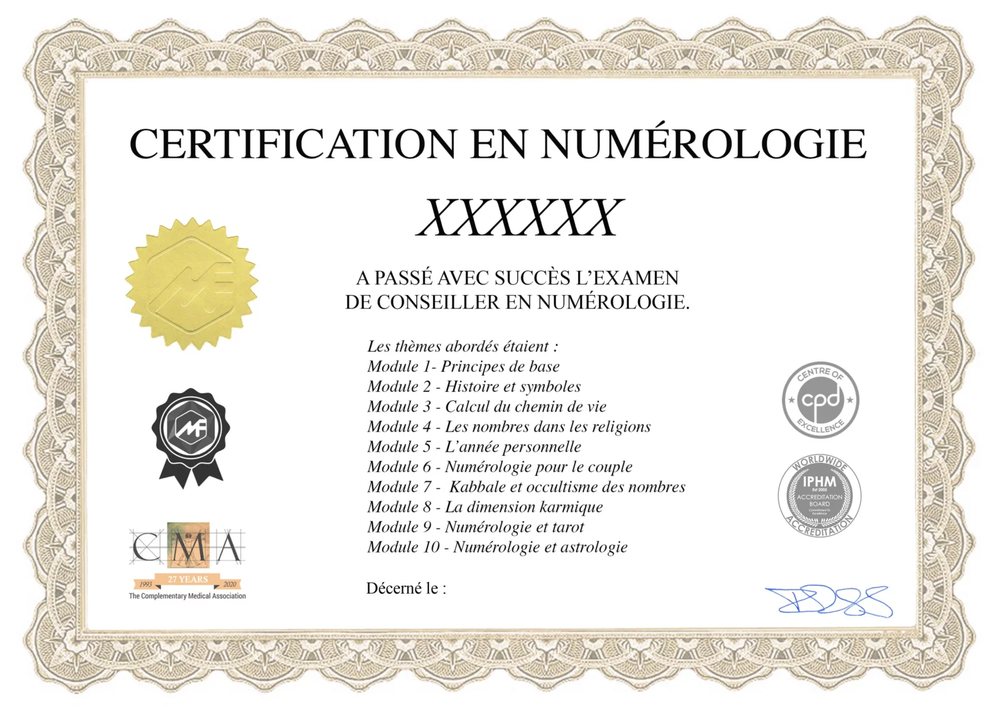 Exemple de certificat de la formation numérologie en ligne : Certification en numérologie, examen de conseiller, logos IPHM, CMA et CPD