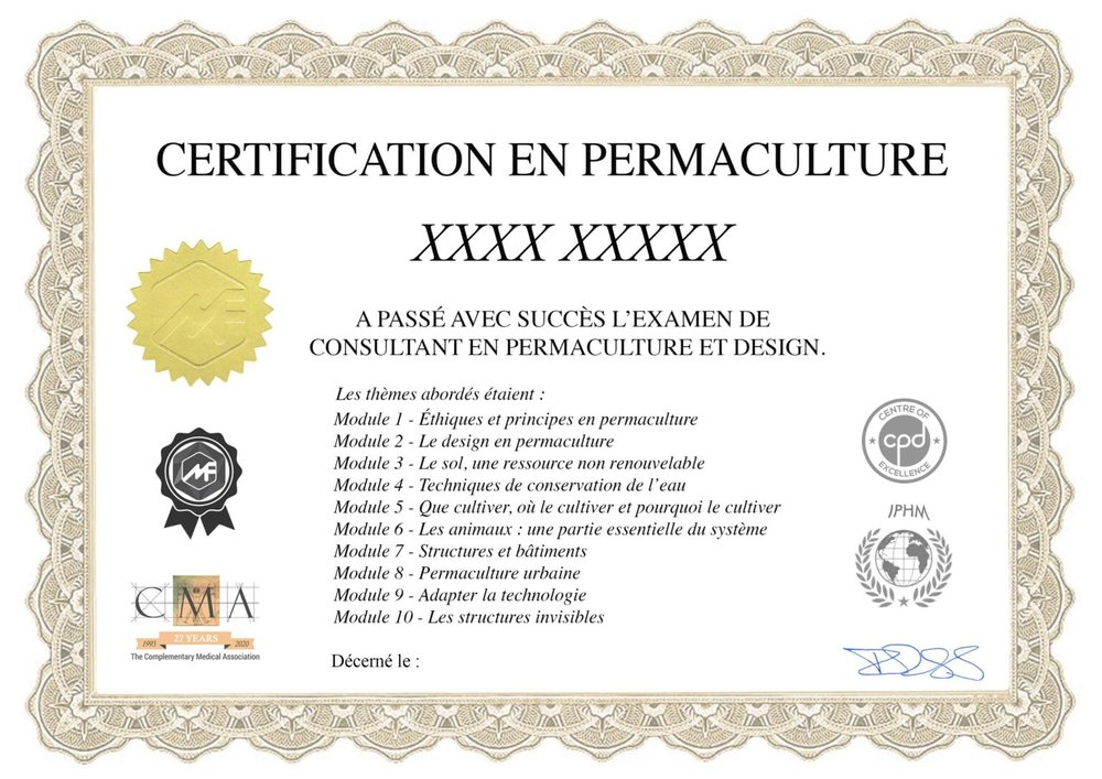 Exemple de certificat de la formation permaculture en ligne : Certification en permaculture, examen de consultant en permaculture et design, logos IPHM, CMA et CPD
