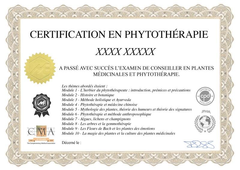 Exemple de certificat de la formation phytothérapie en ligne : Certification en phytothérapie, examen de conseiller en plantes médicinales, logos IPHM, CMA et CPD