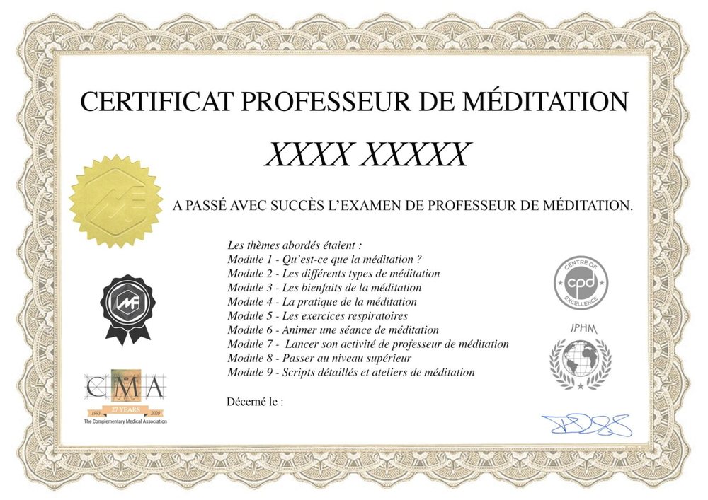 Exemple de certificat de la formation méditation en ligne : Certificat professeur de méditation, logos IPHM, CMA et CPD