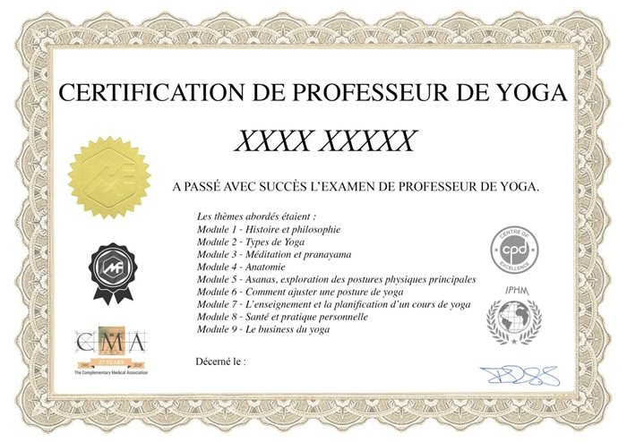 Exemple de certificat de la formation professeur de yoga en ligne : Certification de professeur de yoga listant les 9 modules, avec les logos IPHM, CMA et CPD