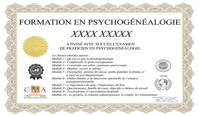 Exemple de certificat de la formation psychogénéalogie en ligne listant les 10 modules, avec les logos IPHM, CMA et CPD