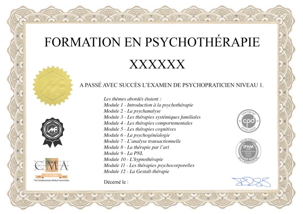 Exemple de certificat de la formation en psychothérapie en ligne : examen de psychopraticien niveau 1, 12 modules, logos IPHM, CMA et CPD