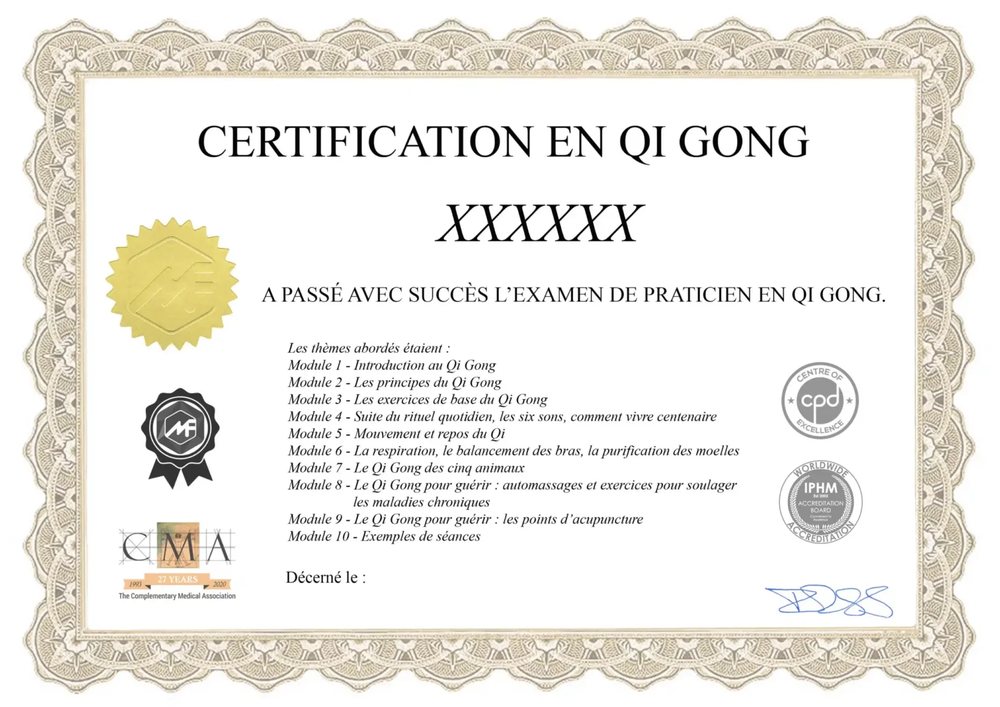 Exemple de certificat de la formation Qi Gong en ligne : Certification en Qi Gong, examen de praticien, 10 modules, logos IPHM, CMA et CPD