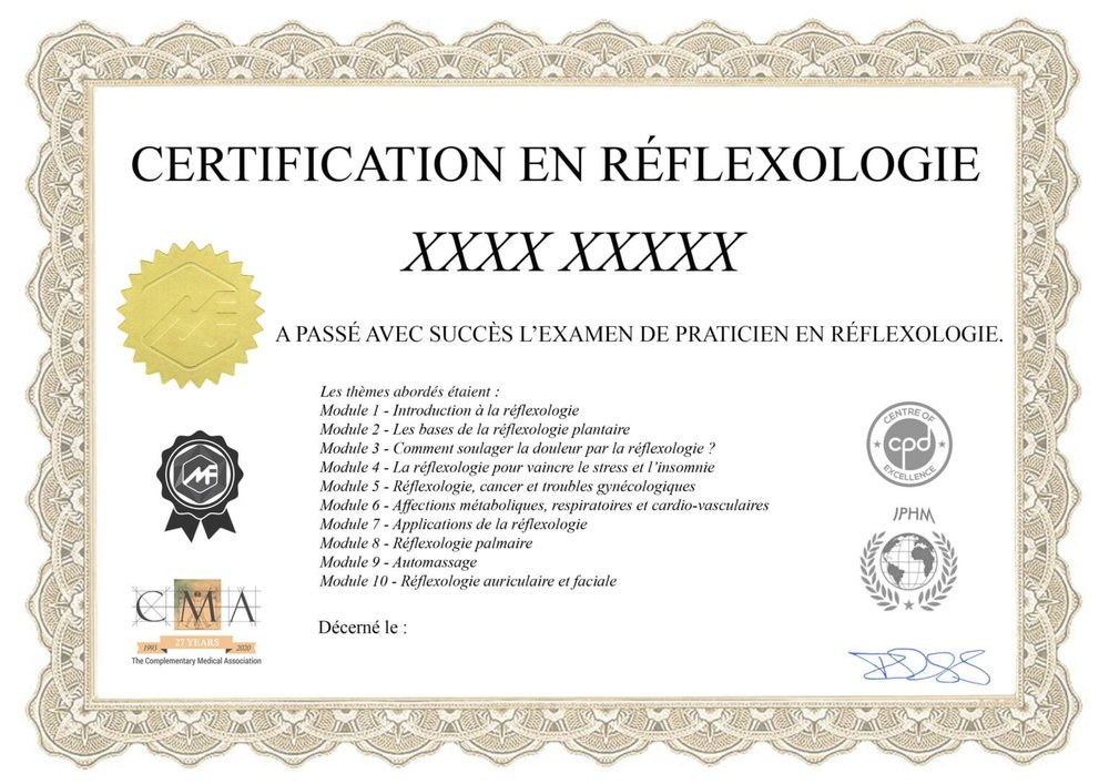 Exemple de certificat de la formation réflexologie en ligne : Certification en réflexologie, 10 modules, logos IPHM, CMA et CPD