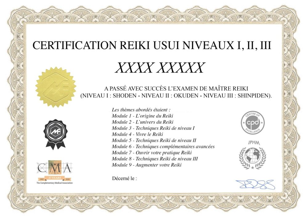Exemple de certificat de la formation Reiki en ligne : Certification Reiki Usui niveaux I, II, III, examen de maître Reiki, logos IPHM, CMA et CPD
