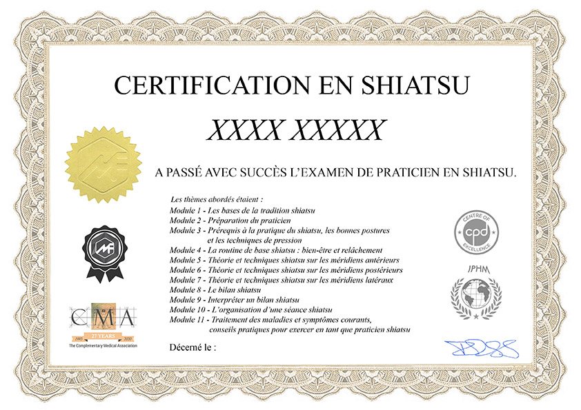 Exemple de certificat de la formation shiatsu en ligne : Certification en shiatsu, examen de praticien, 11 modules, logos IPHM, CMA et CPD