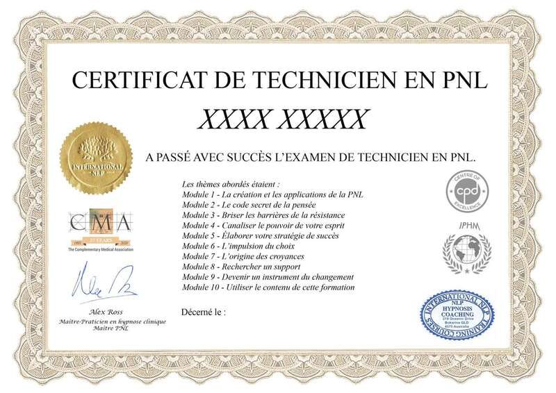 Exemple de certificat de la formation PNL en ligne : Certificat de technicien en PNL, logos CMA, IPHM, CPD et International NLP