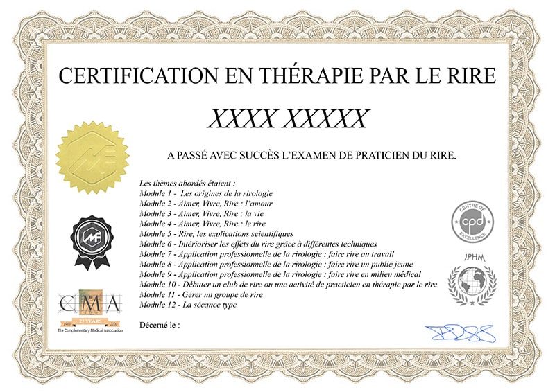 Exemple de certificat de la formation thérapie par le rire en ligne : examen de praticien du rire, logos IPHM, CMA et CPD